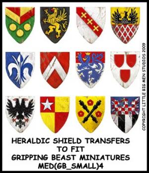 Heraldic Shield Designs to fit Gripping Beast miniatures MED(GB_SMALL)4--shield transfers to fit 28mm Gripping Beast miniatures--Special Order:  Takes 2 to 3 weeks #52526