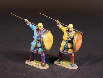 Two Kardake Light Infantrymen in Yellow Caps (light blue & purple tunic, yellow shield; yellow & purple tunic, red shield), The Achaemenid Persian Empire, Armies and Enemies of Ancient Greece and Macedonia--two figures stabbing overhand #52542