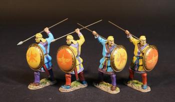 Two Kardake Light Infantrymen in Yellow Caps (2 in light blue & purple tunics, yellow shields; 2 in yellow & purple tunics, red shields), The Achaemenid Persian Empire, Armies and Enemies of Ancient Greece and Macedonia--four figures stabbing overhand #52543