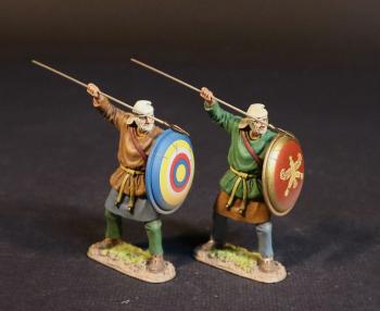 Two Kardake Light Infantrymen in White Caps (light brown tunic, shield painted as bullseye; green tunic, red shield), The Achaemenid Persian Empire, Armies and Enemies of Ancient Greece and Macedonia--two figures stabbing overhand #52544