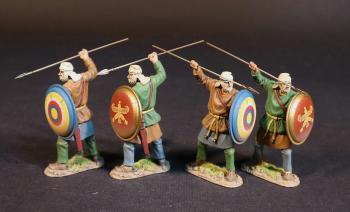 Four Kardake Light Infantrymen in White Caps (2 in light brown tunics, shields painted as bullseyes; 2 in green tunics, red shields), The Achaemenid Persian Empire, Armies and Enemies of Ancient Greece and Macedonia--four figures stabbing overhand #52545
