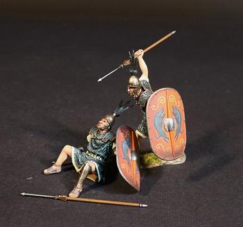 Two Principes (red shields), The Roman Army of the Mid Republic, Armies and Enemies of Ancient Rome--two figures (fallen seated, dropped pilum; advancing, ready to throw), pilum, shield #52548