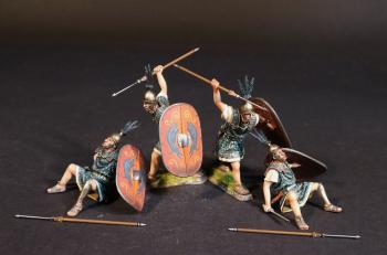 Four Principes (red shields), The Roman Army of the Mid Republic, Armies and Enemies of Ancient Rome--four figures (2 fallen seated, dropped pilum; 2 advancing, ready to throw), pilum, shield #52549