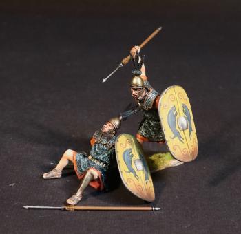 Two Principes (yellow shields), The Roman Army of the Mid Republic, Armies and Enemies of Ancient Rome--two figures (fallen seated, dropped pilum; advancing, ready to throw), pilum, shield #52550