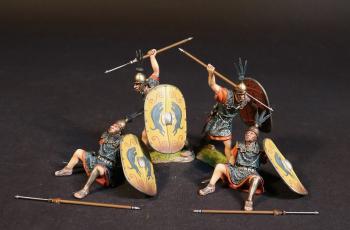 Four Principes (yellow shields), The Roman Army of the Mid Republic, Armies and Enemies of Ancient Rome--four figures (2 fallen seated, dropped pilum; 2 advancing, ready to throw), pilum, shield #52551