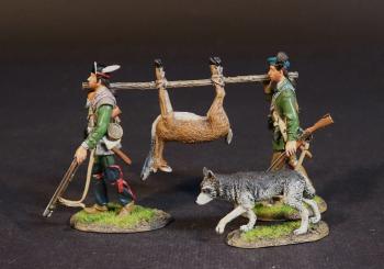 Image of The Hunting Party, Roger's Rangers, The Raid on St. Francis, 1759, The French and Indian War, 1754-1763--two Ranger figures carrying deer on a pole, & dog figure #52553