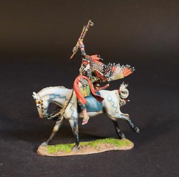 Image of Cheyenne Warrior Woqini, The Fight When Roman Nose Was Killed, 17th -19th September 1868, The Black Hill Wars, 1876-1877, Thunder on the Plains--single mounted figure with headdress raising bow and arrows in the air #52561