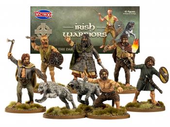 28mm Dark Age Irish Warriors--42 unassembled multi-part hard plastic figures (34 Warrior figures and 8 Dog figures)  #52593
