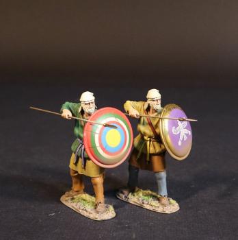 Two Kardake Light Infantrymen in White Caps (green tunic, bulls-eye shield; mustard-yellow tunic, purple shield with white design), The Achaemenid Persian Empire, Armies and Enemies of Ancient Greece and Macedonia--two figures preparing to thrust forward #52687