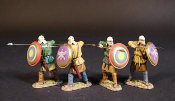 Four Kardake Light Infantrymen in White Caps (2 green tunic, bulls-eye shield; 2 mustard-yellow tunic, purple shield with white design), The Achaemenid Persian Empire, Armies and Enemies of Ancient Greece and Macedonia--4 figs. preparing to thrust forward #52688