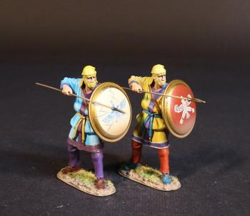 Two Kardake Light Infantrymen in Yellow Caps (blue & purple tunic, white shield; yellow & purple tunic, red shield), The Achaemenid Persian Empire, Armies and Enemies of Ancient Greece and Macedonia--two figs. preparing to thrust forward #52689
