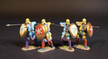 Four Kardake Light Infantrymen in Yellow Caps (2 blue & purple tunic, white shield; 2 yellow & purple tunic, red shield), The Achaemenid Persian Empire, Armies and Enemies of Ancient Greece and Macedonia--four figs. preparing to thrust forward #52690