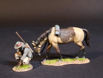 Native Horseman, Natal Native Horse, The Eshowe Relief Column, The Battle of Gingindhlovu, 2nd April 1879, The Anglo Zulu War--single kneeling figure checking tracks and grazing horse figureo left #52711
