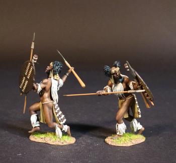 Two Zulu Warriors (running, preparing to throw spear; crouching behind shield, ready to thrust spear), The umCijo Regiment, The Zulu Impi, Battle of Gingindhlovu, 2nd April 1879--two figures with spear, asegai, and shield #52712