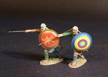 Two Kardake Light Infantrymen in White Caps (tan tunic, red shield; green tunic, blue-edged bulls-eye shield), The Achaemenid Persian Empire, Armies and Enemies of Ancient Greece and Macedonia--two figures thrusting forward #52827