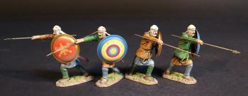 Four Kardake Light Infantrymen in White Caps (2 tan tunic, red shield; 2 green tunic, blue-edged bulls-eye shield), The Achaemenid Persian Empire, Armies and Enemies of Ancient Greece and Macedonia--four figures thrusting forward #52828