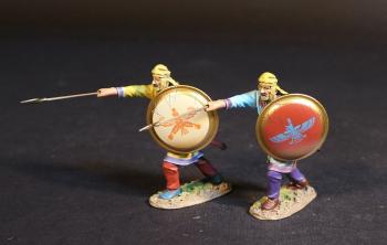 Two Kardake Light Infantrymen in Yellow Caps (yellow & purple tunic, cream shield; light blue & purple tunic, red shield), The Achaemenid Persian Empire, Armies and Enemies of Ancient Greece and Macedonia--two figures thrusting forward #52829