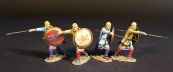 Four Kardake Light Infantrymen in Yellow Caps (2 yellow & purple tunic, cream shield; 2 light blue & purple tunic, red shield), The Achaemenid Persian Empire, Armies and Enemies of Ancient Greece and Macedonia--four figures thrusting forward #52830