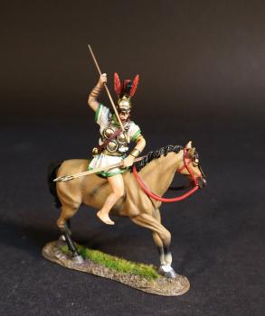 Image of Samnite Warrior (white tunic with green trim), The Samnites, Armies and Enemies of Ancient Rome--single mounted figure (ready to throw forward to the right; one javelin in right hand, two javelins in left) #52832