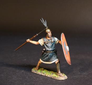 Image of Principes (red shield), The Roman Army of the Mid Republic, Armies and Enemies of Ancient Rome--single figure pilum raised to throw, shield forward #52833