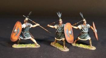Image of Three Principes (red shield), The Roman Army of the Mid Republic, Armies and Enemies of Ancient Rome--three figures pila raised to throw, shields forward #52834