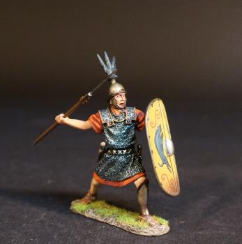 Image of Principes (yellow shield), The Roman Army of the Mid Republic, Armies and Enemies of Ancient Rome--single figure pilum raised to throw, shield forward #52835