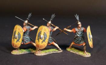 Image of Three Principes (yellow shield), The Roman Army of the Mid Republic, Armies and Enemies of Ancient Rome--three figures pila raised to throw, shields forward #52836