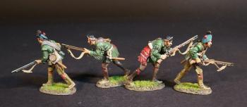 Image of Four Rangers (2 advancing, blue hat; 2 advancing crouching, black hat), Roger's Rangers, The Raid on St. Francis, 1759, The French and Indian War, 1754-1763--four figures #52839