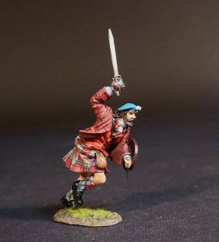 Image of Highlander (red jacket and red plaid kilt), The Jacobite Army, The Battle of Culloden, 16th April 1745, The Jacobite Rebellion, 1745--single figure running with raised broadsword, dirk, & buckler #52840