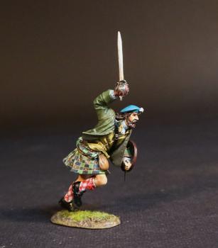 Image of Highlander (green jacket and green plaid kilt), The Jacobite Army, The Battle of Culloden, 16th April 1745, The Jacobite Rebellion, 1745--single figure running with raised broadsword, dirk, & buckler #52841
