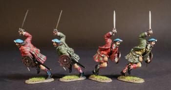 Image of Highlanders (2 green jacket & green plaid kilt; 2 red jacket & red plaid kilt), The Jacobite Army, The Battle of Culloden, 16th April 1745, The Jacobite Rebellion, 1745--four running figures with raised broadswords, dirks, & bucklers #52842