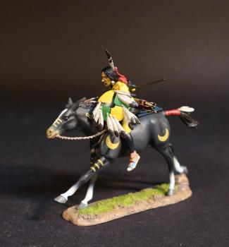 Image of Cheyenne Coyote Society Warrior, Cheyenne Warriors, The Fight When Roman Nose Was Killed, 17th -19th September 1868, The Black Hill Wars, 1876-1877, Thunder on the Plains--single mounted figure with round yellow & green shield and spear #52843
