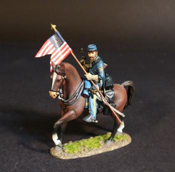 Image of Standard Bearer, Cavalry Corps, Union Cavalry, The Army of the Potomac, The Battle of Brandy Station, June 9th, 1863, The American Civil War, 1861-1865--single mounted figure with standard and raised pistol (tan horse) #52853