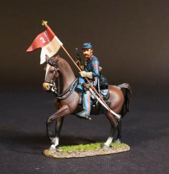 Image of Standard Bearer, 2nd U.S. Cavalry Regiment Union Cavalry, The Army of the Potomac, The Battle of Brandy Station, June 9th, 1863, The American Civil War, 1861-1865--single mounted figure with regimental standard and raised pistol (dark brown horse) #52854