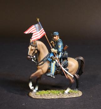 Standard Bearer, Cavalry Corps, Union Cavalry, The Army of the Potomac, The Battle of Brandy Station, June 9th, 1863, The American Civil War, 1861-1865--single mounted figure with standard and raised pistol (tan horse) #52853