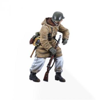 Image of German Panzer Grenadier Tank Rider #2, Kharkov, 1943--single seated figure leaning (green helmet, rifle in right hand) #52880