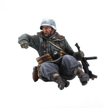 Image of German Panzer Grenadier Tank Rider #3, Kharkov, 1943--single seated figure leaning (white helmet, SMG in left hand) #52881