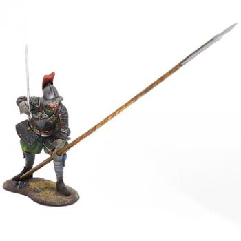 Spanish Tercio Pikeman with Raised Pike #1, The Thirty Years War (1618-1648)--single crouching figure with drawn sword and pike planted to receive charge #52884