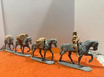 Pack Horse Set--single mounted figure, three packs, three pack horses--FUTURE RELEASE. #52925