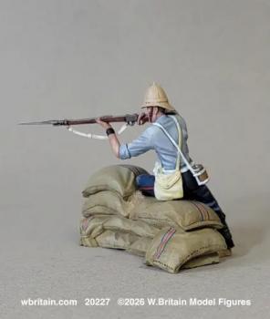 Image of "A Well-Aimed Shot",  British 24th Foot in Shirtsleeves Shooting Rifle from Mealie Bag Wall, 1879--single seated figure with single accessory #52939