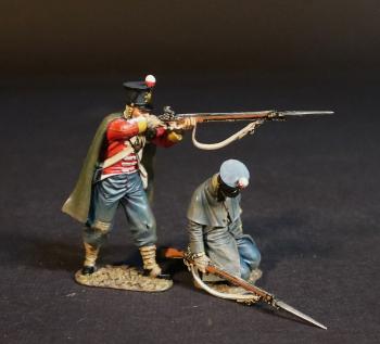 Two Infantrymen (#18, #20), The 44th (East Essex) Regiment of Foot, The Last Stand at Gandamak, 13th January 1842,--two figures (standing firing, cape thrown back; kneeling rifle drooping, dead) #52994