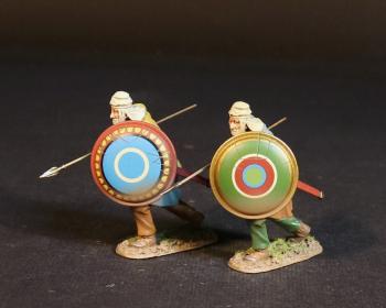 Two Kardake Light Infantrymen in White Caps (yellow tunic, blue & red bullseye shield; grey tunic, red & green bullseye shield), The Achaemenid Persian Empire, Armies and Enemies of Ancient Greece and Macedonia--two figures advancing with readied spears #52995