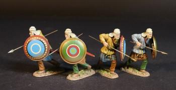 Four Kardake Light Infantrymen (White Caps) (2 yellow tunic, blue & red bullseye shield; 2 grey tunic, red & green bullseye shield), The Achaemenid Persian Empire, Armies and Enemies of Ancient Greece & Macedonia--four figures advancing w/readied spears #52996