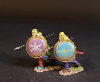 Two Kardake Light Infantrymen in Yellow Caps (yellow & purple tunic, purple shield; lt. blue & purple tunic, lt. blue shield), The Achaemenid Persian Empire, Armies and Enemies of Ancient Greece & Macedonia--two figures advancing w/readied spears #52997