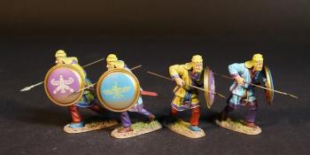 Four Kardake Light Infantrymen in Yellow Caps (2 yellow & purple tunic, purple shield; 2 lt. blue & purple tunic, lt. blue shield), The Achaemenid Persian Empire, Armies and Enemies of Ancient Greece & Macedonia--four figures advancing w/readied spears #52998