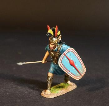 Image of Samnite Warrior (light blue tunic), The Samnites, Armies and Enemies of Ancient Rome--single figure with decorated light blue shield holding spear low #53000