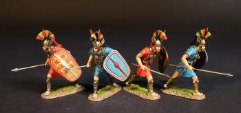 Image of Four Samnite Warrior (2 in light blue tunics; 2 in red tunics), The Samnites, Armies and Enemies of Ancient Rome--four figures with decorated shields holding spears low #53001