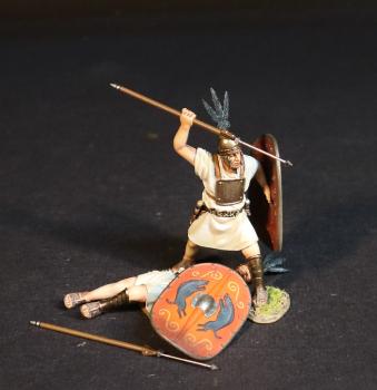 Image of Two Hastati (red shield), The Roman Army of the Mid Republic, Armies and Enemies of Ancient Rome--two figures (prone, dead; standing ready to stab spear overhand) & two spears #53002
