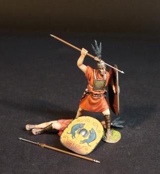 Image of Two Hastati (yellow shield), The Roman Army of the Mid Republic, Armies and Enemies of Ancient Rome--two figures (prone, dead; standing ready to stab spear overhand) & two spears #53003