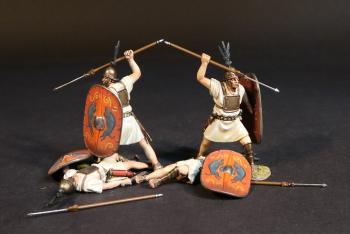 Image of Four Hastati (red shield), The Roman Army of the Mid Republic, Armies and Enemies of Ancient Rome--four figures (2 prone, dead; 2 standing ready to stab spear overhand) & four spears #53004